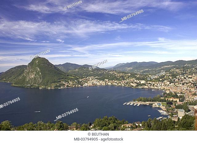Switzerland, Tessin, Luganer sea, Lugano,  District Cassarate, Monte San Salvatore,  912m, overview, Sea, city, view over the city, mountains, mountain cones