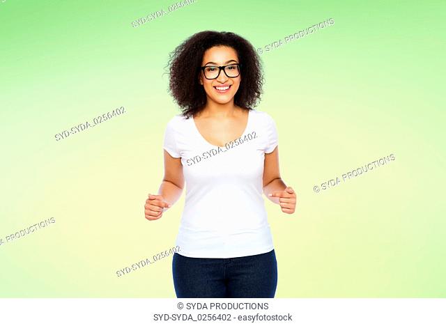 african american woman in white t-shirt