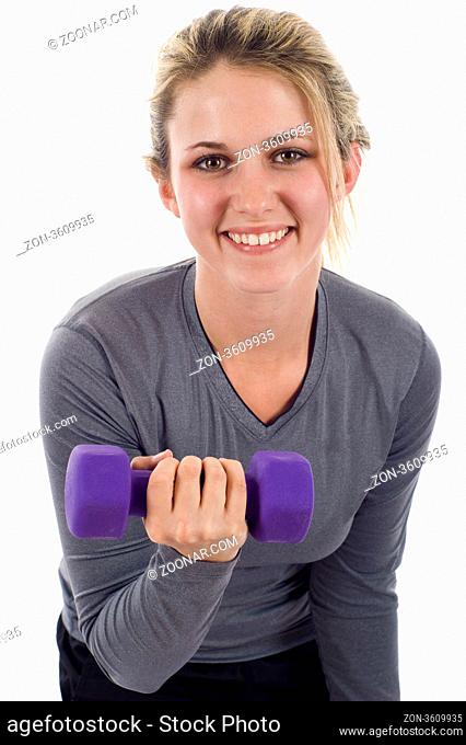 Smiling young woman with dumbbells. Active sporty life, wellness - isolated over a white background