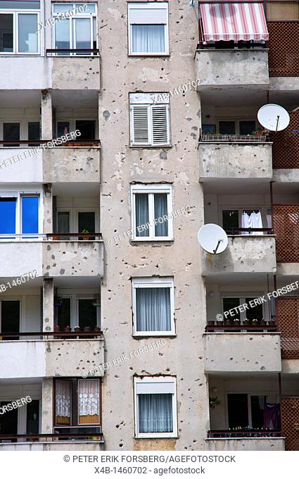 Bullet holes on side of building from the war of the 1990s Mostar city Bosnia and Herzegovina Europe
