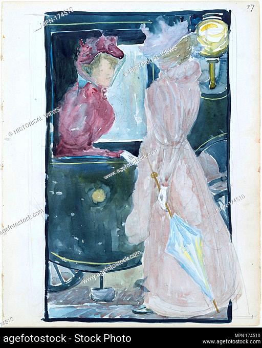 Large Boston Public Garden Sketchbook: Two women stopping to converse with an acquaintance riding in a carriage. Artist: Maurice Brazil Prendergast (American