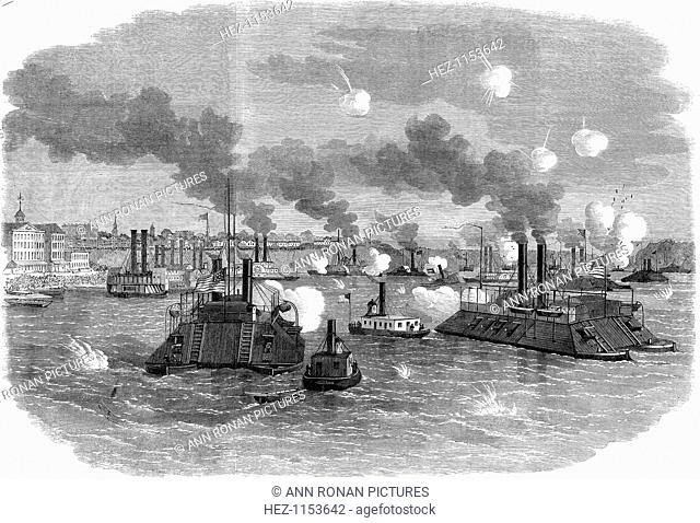 Naval battle on the Mississippi, Memphis, Tennessee, American Civil War, July 1862. The destruction of the Confederate flotilla by armoured Union gunboats