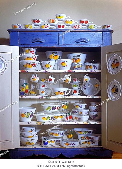 COLLECTIONS - Dishes - Fire-King's most common hand painted pattern of fruits displayed in old painted wooden cabinet