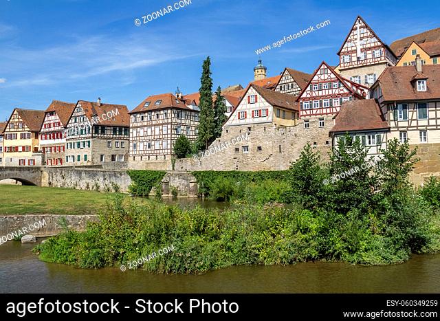 city view of a town named Schwaebisch Hall in Southern Germany at summer time