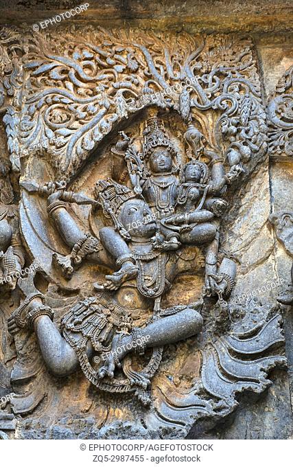 Krishna's ascent to win the Parijata tree, Hoysalesvara Temple, Halebid, Karnataka, 12th Century. Shiva temple