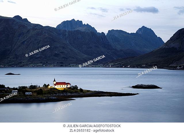 Norway, Nordland, Lofoten islands, Austvagoy island, Austnesfjord, church of Sildpollnes