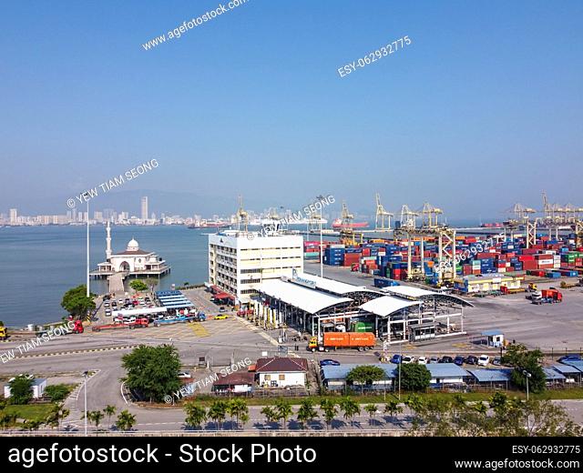 Butterworth, Penang, Malaysia - Mar 12 2022: Aerial view container terminal Port Butterworth in sunny day