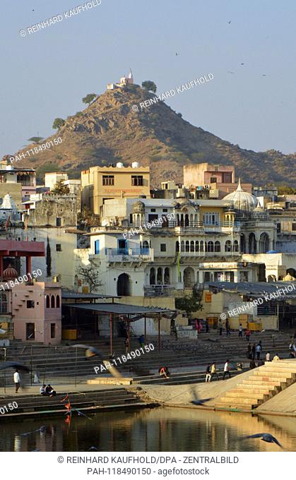 View of houses of Pushkar (also called white city) in North India - to the shores of the holy lake come believers and pilgrims, taken on 03.02