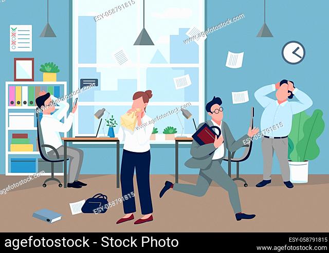 Panic in office flat color vector illustration. Company employee with panic attack 2D cartoon character with stressed coworkers on background
