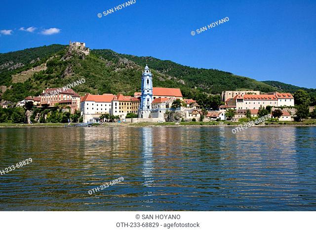 View of Durnstein Church from Danube River, Wachau Valley, Austria, Europe