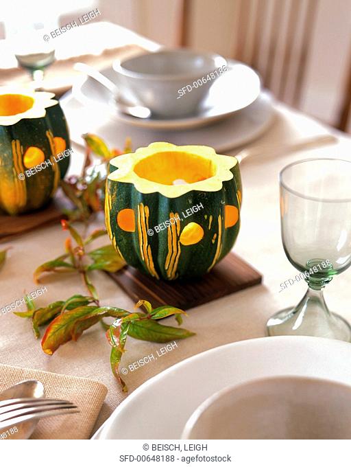A Table Setting with Acorn Squash Lanterns