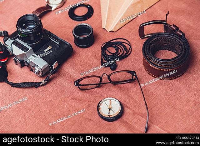 Men's accessories, shoes, belt, glasses, wallet, watch, smart phone, camera