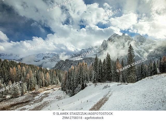 Early November snow in the Dolomites near Cortina d'Ampezzo, Belluno province, Veneto, Italy. Dolomites