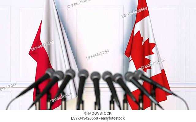 Flags of Poland and Canada at international meeting or conference. 3D