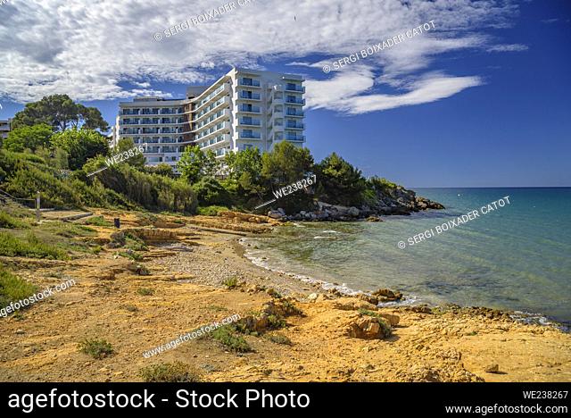 Cove between rocks at Platja Llarga (long beach) of Salou, on the Costa Daurada coast (Tarragona, Catalonia, Spain)