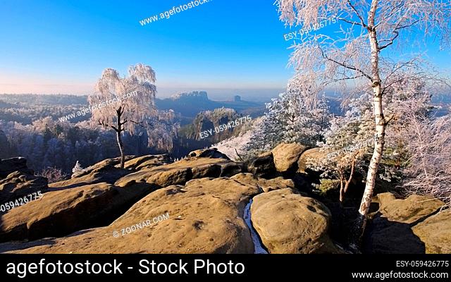 Elbsandsteingebirge im Winter Carolafelsen - Elbe sandstone mountains in winter and hoarfrost, Carolarock