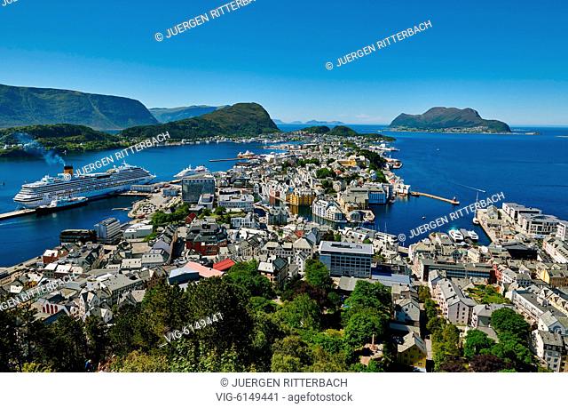 NORWAY, ÅLESUND, 30.06.2018, View from Aksla hill over Alesund and surrounding waters, Byrampen Viewpoint , More og Romsdal, Norway, Scandinavia