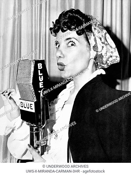 New York, New York: January 14, 1945.Carmen Miranda appearing on the BLUE Radio Network with Jimy Durante and Arthur Treacher