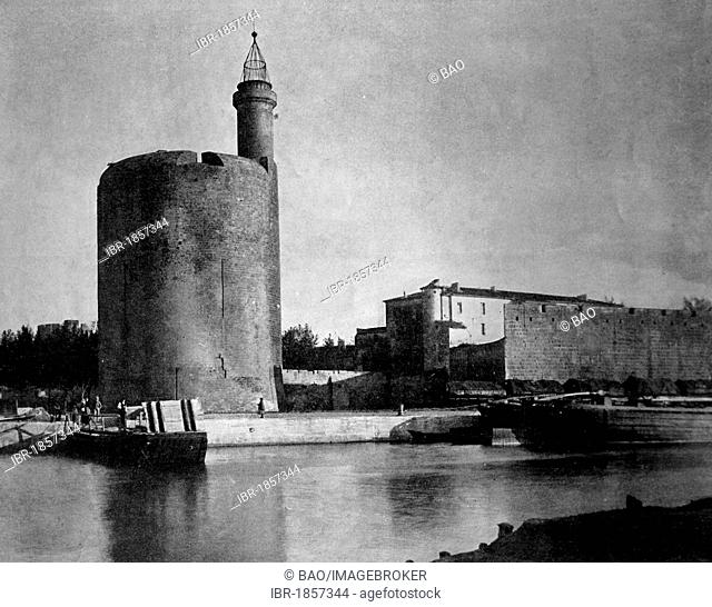 Early autotype of the Tour de Constance guard tower in Aigues Mortes, Département Gard, France, historical photograph, 1884