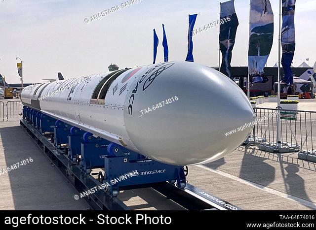 UNITED ARAB EMIRATES, DUBAI - NOVEMBER 15, 2023: A rocket developed by South Korea's Innospace is on display at the Dubai Airshow 2023