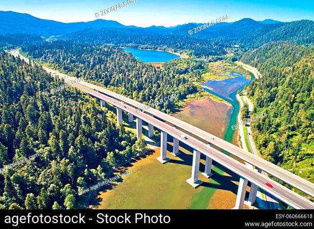 Viaduct Bajer above Bajer lake aerial view, Scenic highway A6 in Gorski Kotar region of Croatia