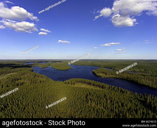 Lake and forests near Suomussalmi, aerial view, Kainuu, Finland, Europe