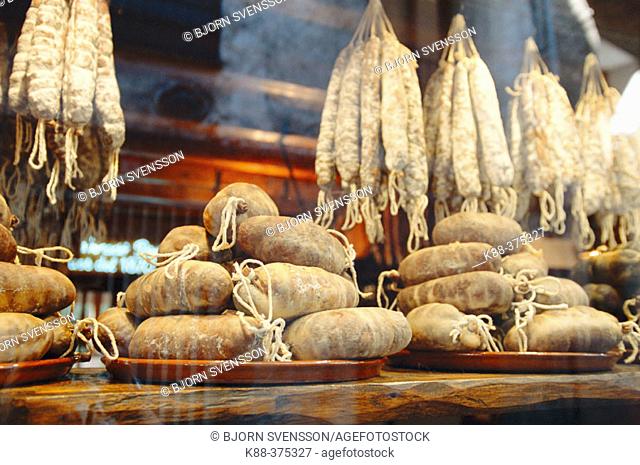 Shop window displaying Catalan sausages. Camprodon. Girona province, Spain