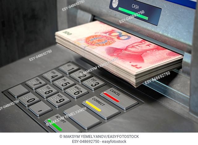 ATM machine and yuan. Withdrawing 100 yuan banknotes. Banking concept. 3d illustration