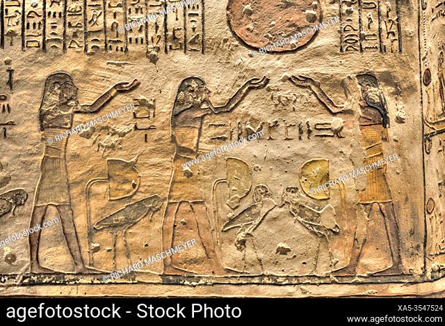 Reliefs of Pharaohs, Tomb of Ramses V & VI, KV9, Valley of the Kings, UNESCO World Heritage Site, Luxor, Egypt