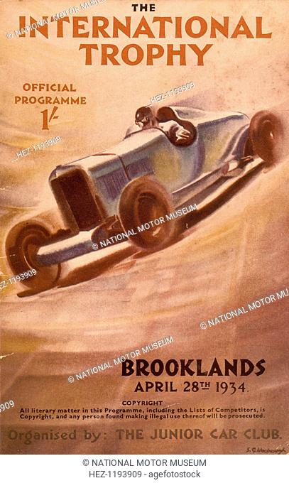 Programme for the Brooklands International Trophy, 1934. A speeding racing car illustrates the cover