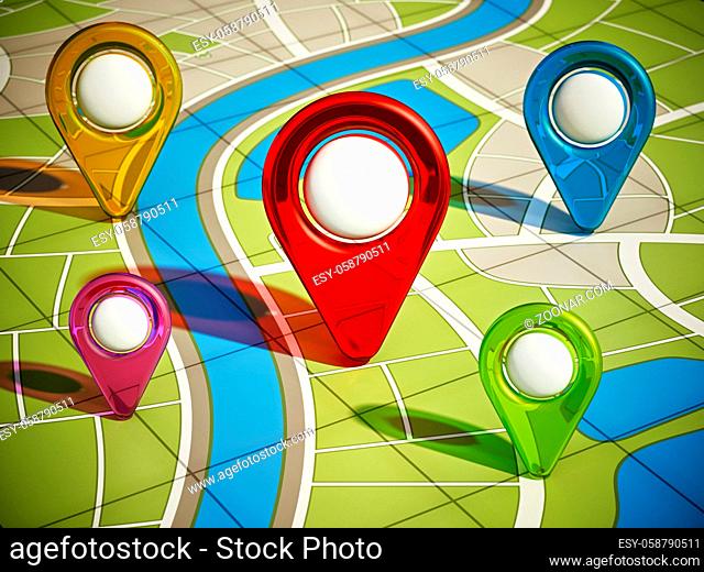 City map with colored GPS markers. 3D illustration