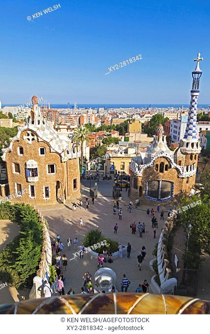 Barcelona, Spain. Pavilions at the entrance to Parc Güell. Guell Park was designed by Antoni Gaudi and is a UNESCO World Heritage Site