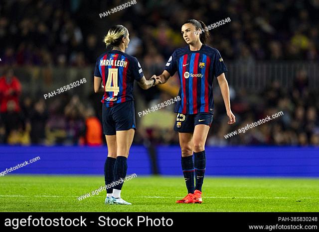 Maria Leon (FC Barcelona) and Engel (FC Barcelona) are pictured after the Women?s Champions League football match between FC Barcelona and Bayern Munich