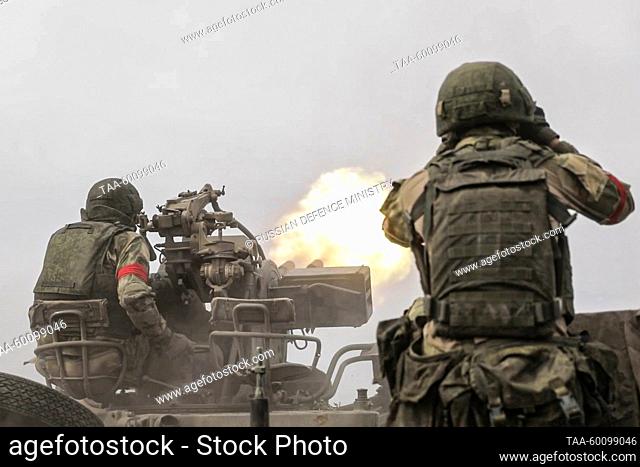 JUNE 26, 2023: Servicemen of Russia's Western Military District crew a ZU-23 towed air defence gun as the battery eliminates Ukrainian UAVs during the special...