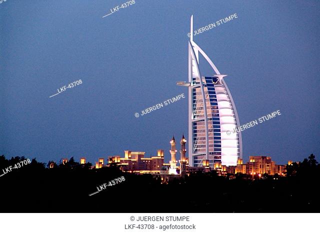 Burj al Arab at dusk, Dubai, United Arab Emirates, UAE