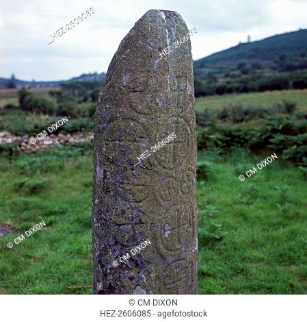 Kilnasaggart cross, an inscribed pillar. This is the oldest datable Christian monument in Ireland. One one side it bears ten crosses