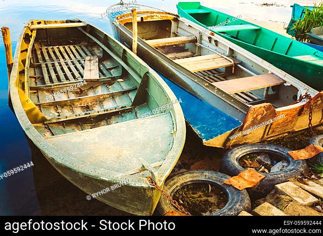 Old Fishing Boats In River. Rowboat, Russian Nature At Sunset