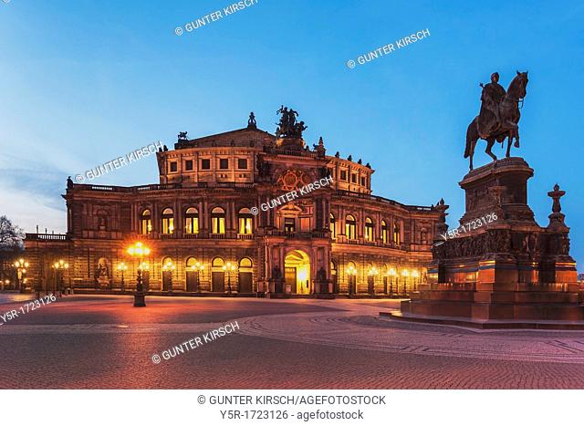 View over the Theater square to Semper Opera House and the equestrian statue of King Johann of Saxony, Dresden, Saxony, Germany, Europe