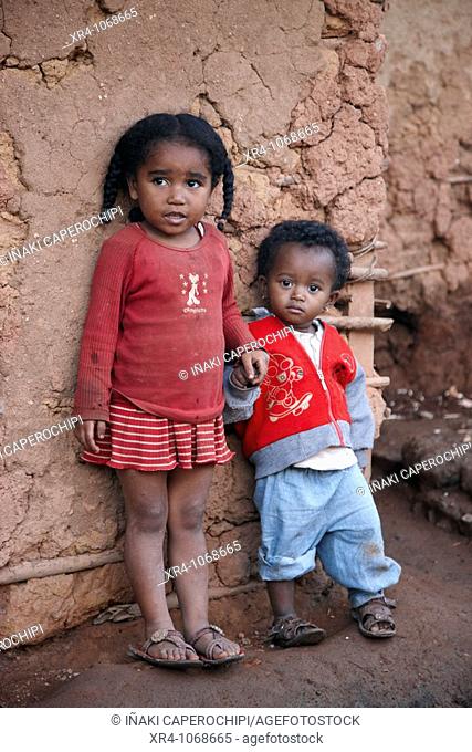 Portrait of two local children, Ranomafana, Fianarantsoa, Madagascar, Africa