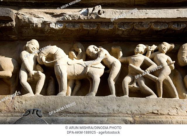Erotic sculpture at Lakshman temple Madhya Pradesh Khajuraho India Asia