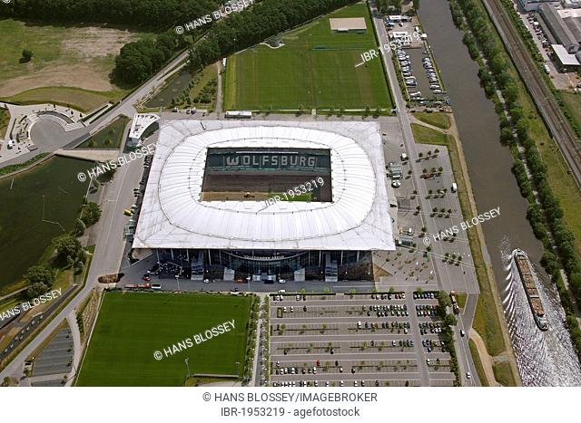 Aerial view, Volkswagen Arena football stadium, Wolfsburg, Lower Saxony, Germany, Europe