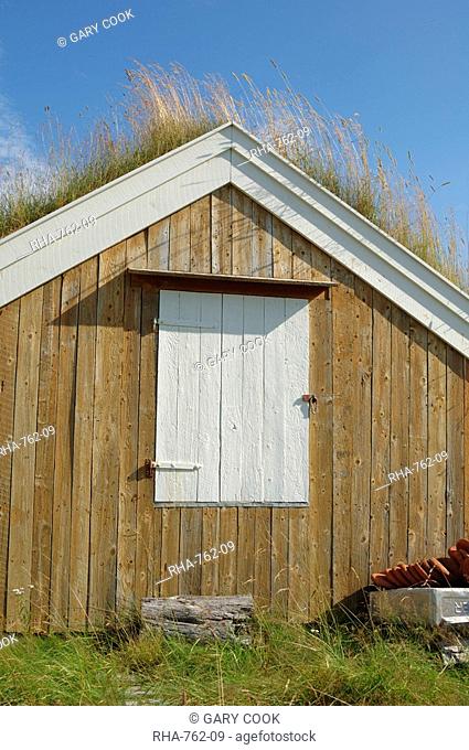 Turf roofed wooden hut, Kvaloya island, west of Tromso, Norway, Scandinavia, Europe