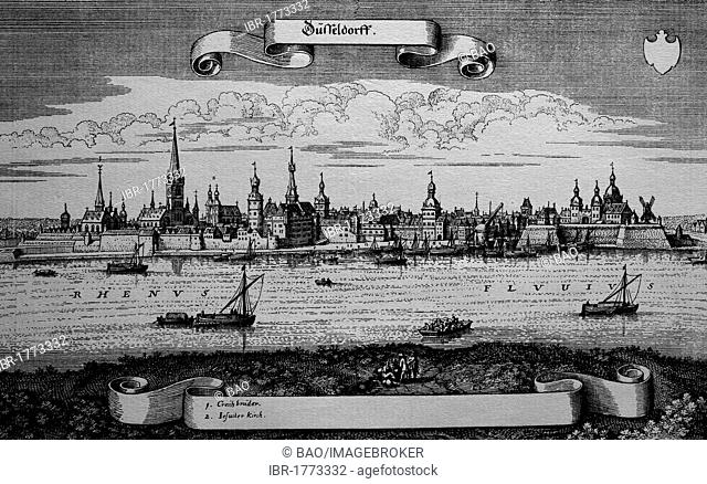 Duesseldorf, Germany, in the 17th century, historical steel engraving