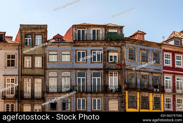 Ceramic tiles and balconies of apartments and homes in downtown Porto