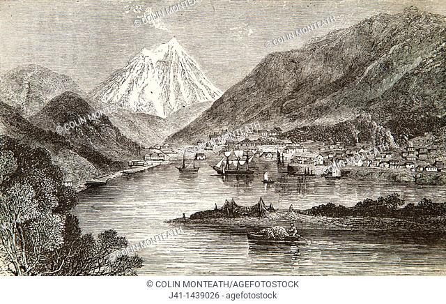 Petropavlosk, capital of Kamchatka, Siberia with active volcano Koriatski behind, from book Reindeer, Dogs & Snowshoes by Richard Bush, New York, 1871