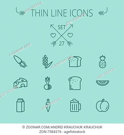 Food and drink thin line icon set for web and mobile. Set includes- fresh milk, bread, cheese, squid, carrots, pineapple, beer, melon icons