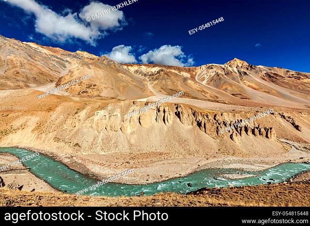 Himalayan landscape in Himalayas along Manali-Leh road. Himachal Pradesh, India
