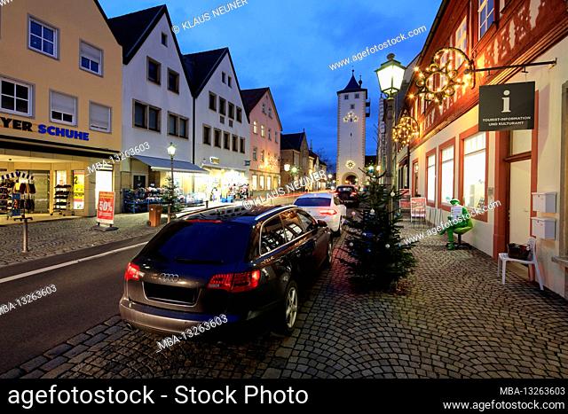 Hauptstrasse, upper tower, shopping street, illuminated, Advent, house facade, Haßfurt, Franconia, Bavaria, Germany, Europe