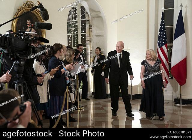 Senator Patrick Leahy, U.S. Senator, D-Vermont, and Marcelle Leahy arrive to attend a State Dinner in honor of President Emmanuel Macron and Brigitte Macron of...