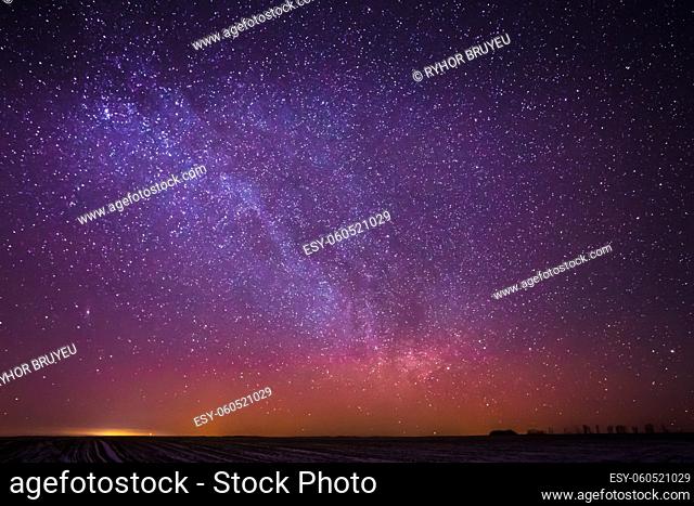Natural Real Night Sky Stars With Milky Way Over Field